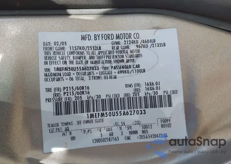 2005 Mercury Sable Gs from USA, damaged, VIN 1MEFM50U55A627033